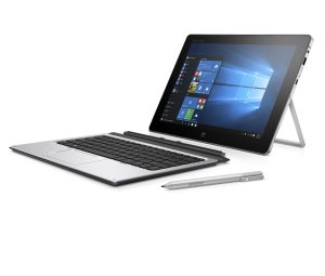 SEE IMPORTANT *NOTES* HP Elite x2 1012 G1 (12", OGS touch, Natural Silver) with Windows 10 screen, Catalog, detached, left facing with stylus